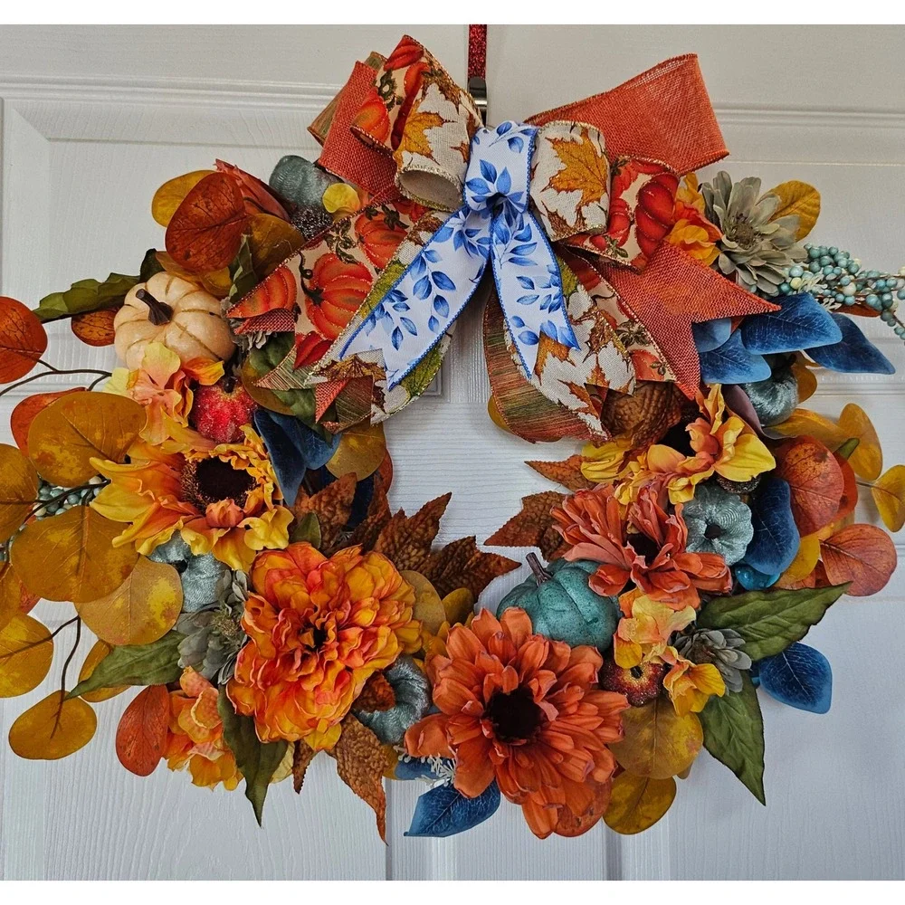 Handmade Fall Wreath Autumn Front Door Decor Teal Orange Pumpkins Sunflowers 24